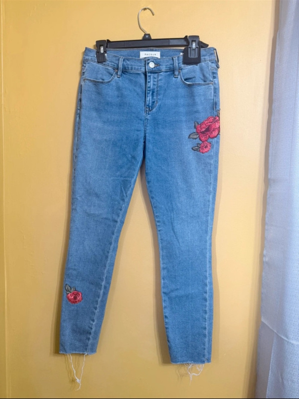 PacSun Light Blue Skinny Jeans with Red Rose Embroidery